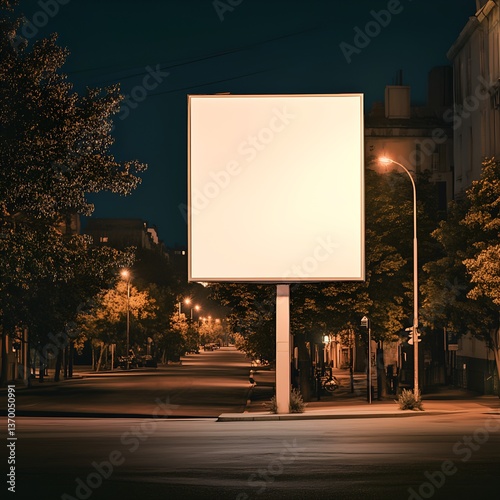 Blank illuminated billboard on a city sidewalk at night, surrounded by tall modern buildings and trees.suitable for advertisement mockups, business promotions, or visual design presentations.