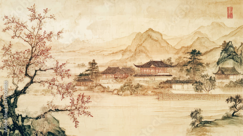 traditional chinese landscape wash painting on old vintage silk paper