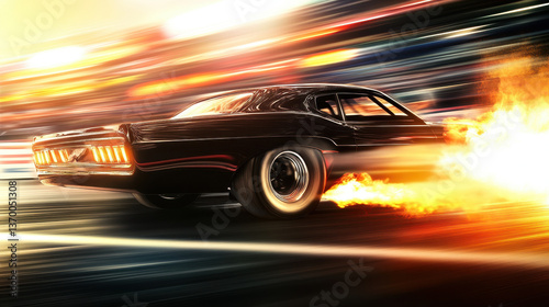A drag race car launching from the starting line with flames