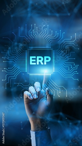 Konstfotografi ERP Enterprise Resource Planning Integrating Business Operations and Systems Technology Concept Illustrated on Processor