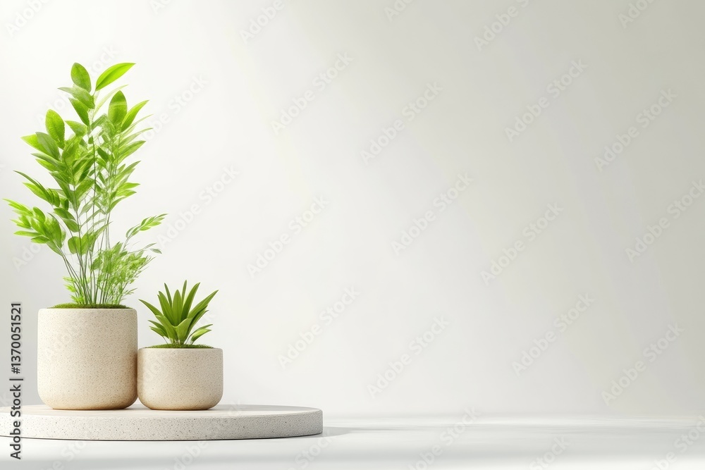 Minimalist display with potted plants on a podium Minimalist display with potted plants on a podium