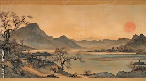 traditional chinese landscape wash painting on old vintage silk paper
