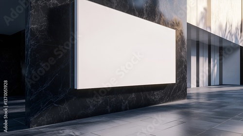blank white rectangular billboard on the wall of a building	
