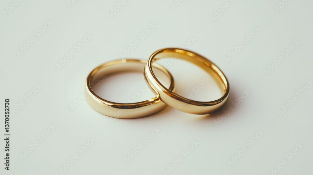 Two golden wedding rings representing everlasting love and commitment on white background Two golden wedding rings representing everlasting love and commitment on white background