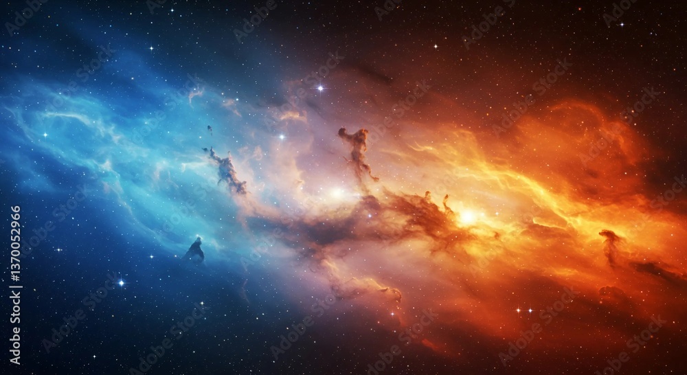 Cosmic 3D Illustration of a Vibrant Blue and Red Nebula with Glowing Stars in Space, Ai Generated Image Cosmic 3D Illustration of a Vibrant Blue and Red Nebula with Glowing Stars in Space, Ai Generated Image