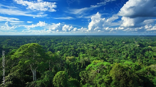  A panoramic view of the Amazon rainforest, where treetops stretch endlessly into the horizon, teeming with life under a clear, blue sky. 