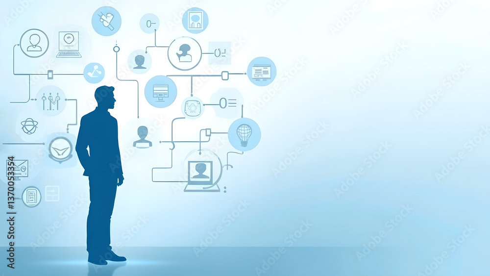 Fototapeta premium Talent Selection and Recruitment - Magnifier with People Icons on Cityscape 