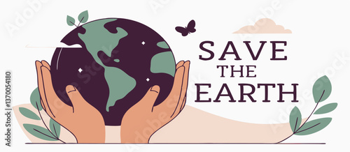 Earth Day. Environment Day. Save the planet. Vector illustration of hands holding the earth, bottom up view of nature and forest, people for ecology and green theme for poster or greeting card