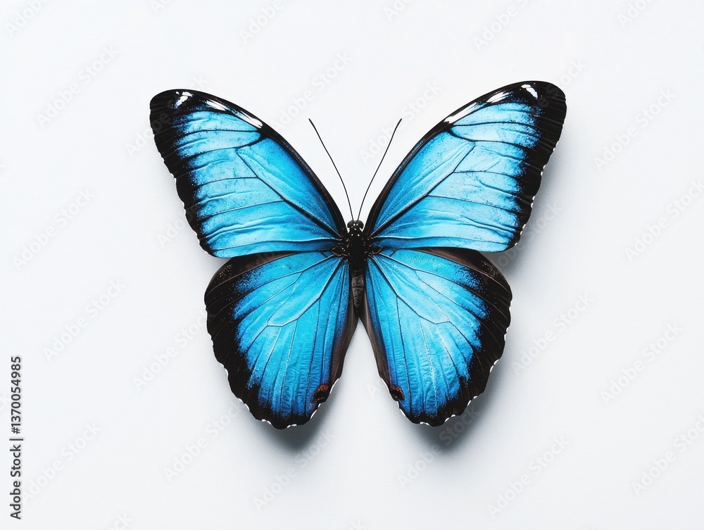 Fototapeta premium Vibrant Blue Butterfly Spread Wings on White Background Display