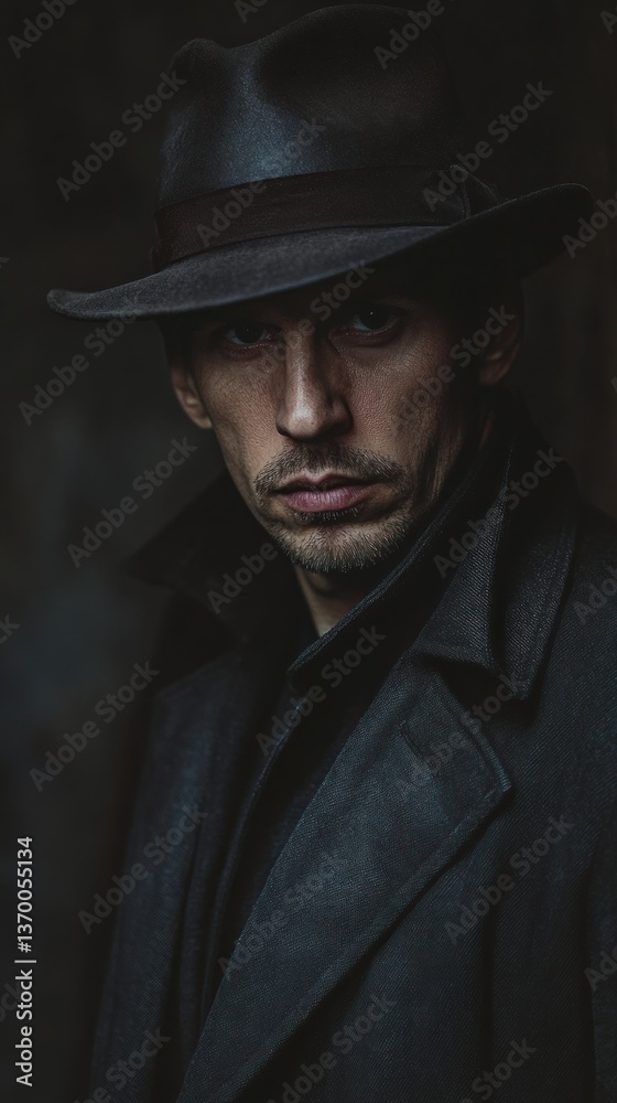 Mysterious man in hat and coat, shrouded in shadows of introspection Mysterious man in hat and coat, shrouded in shadows of introspection