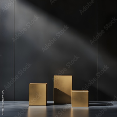Gold cube shaped product stand with black wall background. Suitable for product promotion