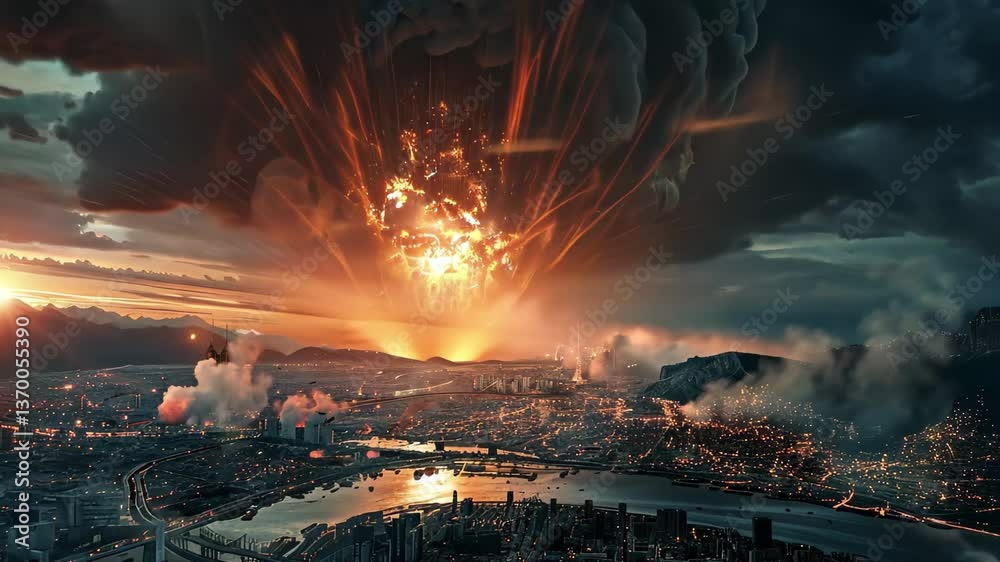 The sky ignites with vibrant explosions over a sprawling city, as dark clouds swirl above and rivers reflect the fiery hues of a dramatic sunset. The sky ignites with vibrant explosions over a sprawling city, as dark clouds swirl above and rivers reflect the fiery hues of a dramatic sunset.