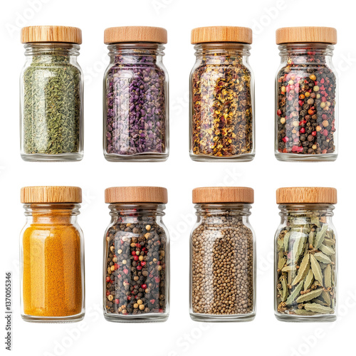 Glass spice jars with wooden lids containing various spices and herbs on isolate white Background 