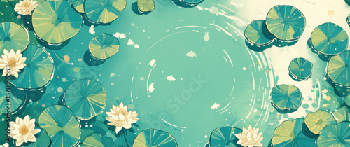 A tranquil pond with lily pads and white flowers