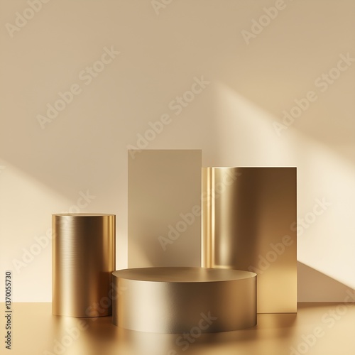 Gold colored tube shaped and cube shaped product stand