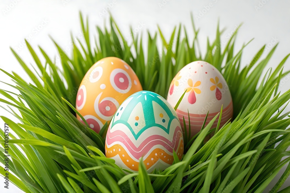 Delightful Easter eggs nestled in vibrant green grass, a springtime celebration of new beginnings and joyful hope, painted with cheerful pastel colors and intricate designs. Delightful Easter eggs nestled in vibrant green grass, a springtime celebration of new beginnings and joyful hope, painted with cheerful pastel colors and intricate designs.