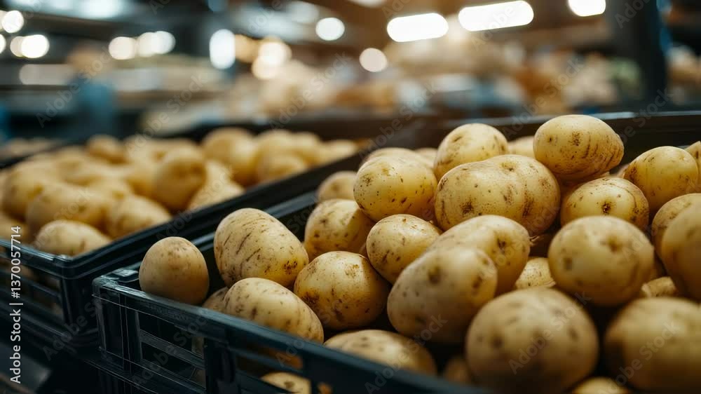 Fresh potatoes are in crates in supermarket. Hand picking out potatoes. Food and healthy lifestyle concept