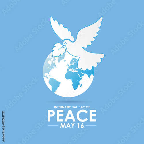 The International Day of Living Together in Peace is observed every year on May 16.Silhouette world map and doves flying into the air. Banner poster, flyer and background design template. Vector.