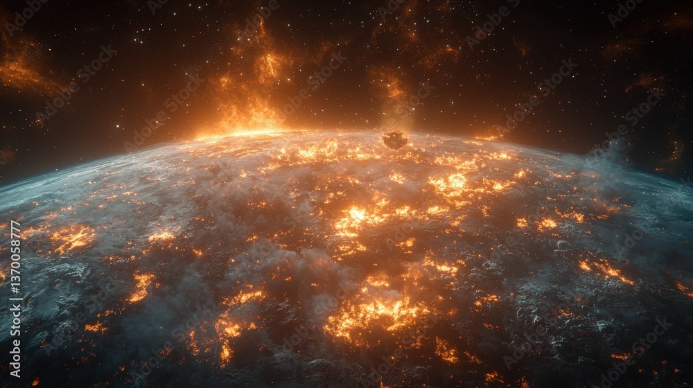 Fototapeta premium Fiery apocalypse engulfing Earth, seen from space. A burning planet, environmental disaster, cosmic event.
