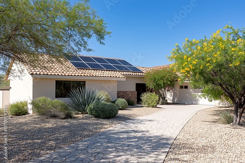 Modern Solar Panels on Yuma Arizona Home Under Clear Blue Sky, Renewable Energy, Sustainable Living, Residential Solar Power, Clean Energy Technology, Eco-Friendly Housing, Solar Panel Installation