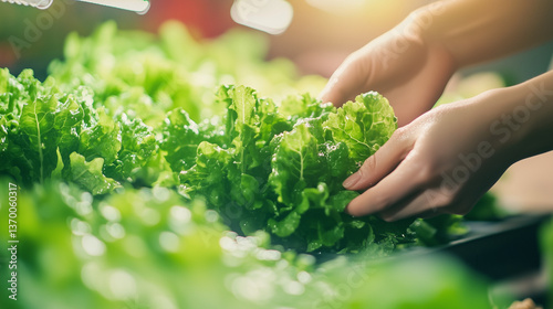 Urban vertical farm with hydroponic LED lighting, showcasing hands harvesting fresh leafy greens into a glass bowl. Organic produce with moisture droplets, symbolizing sustainable agriculture