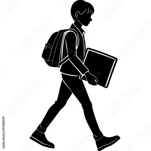A silhouette of a student walking into school with a laptop bag slung over their shoulder