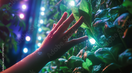 Urban vertical farm with hydroponic LED lighting, showcasing hands harvesting fresh leafy greens into a glass bowl. Organic produce with moisture droplets, symbolizing sustainable agriculture