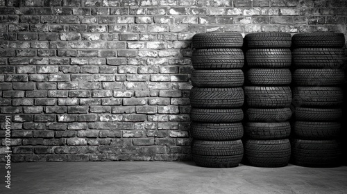Wallpaper Mural Stacked Black Tires Against a Rustic Brick Wall Background Torontodigital.ca