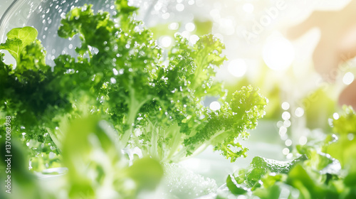 Urban vertical farm with hydroponic LED lighting, showcasing hands harvesting fresh leafy greens into a glass bowl. Organic produce with moisture droplets, symbolizing sustainable agriculture