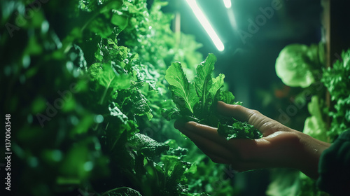 Urban vertical farm with hydroponic LED lighting, showcasing hands harvesting fresh leafy greens into a glass bowl. Organic produce with moisture droplets, symbolizing sustainable agriculture