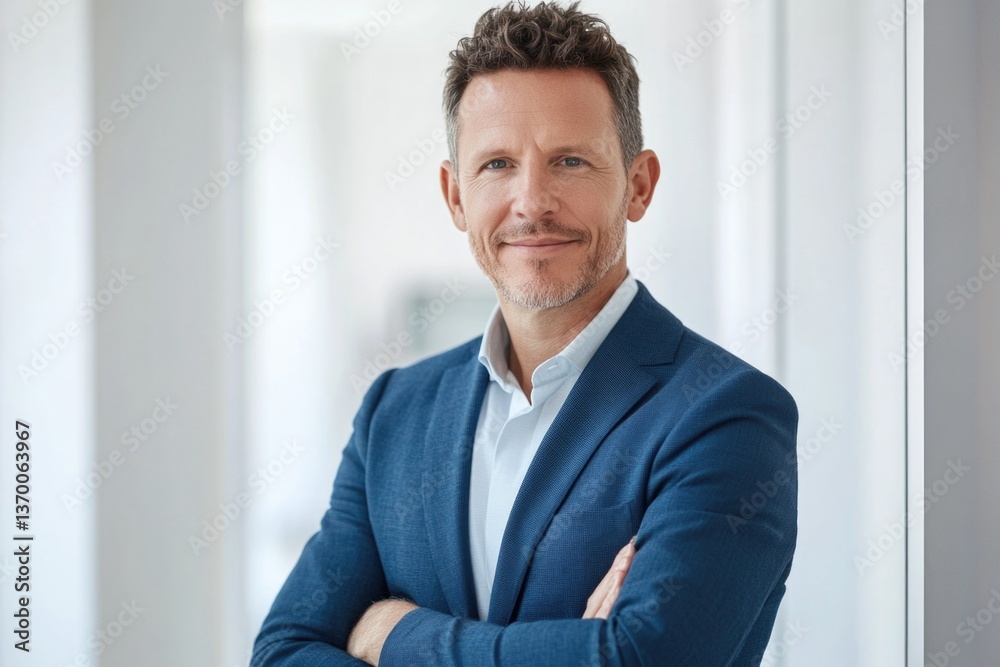 Professional man smiling confidently in modern office setting during daylight hours Professional man smiling confidently in modern office setting during daylight hours