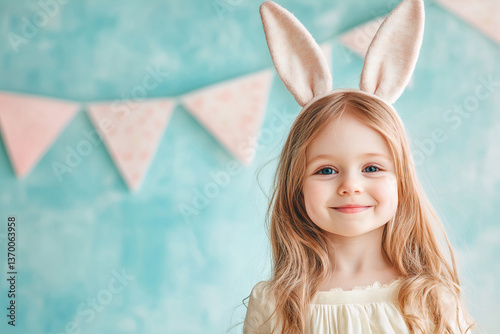 Cute little blonde girl with bunny ears.