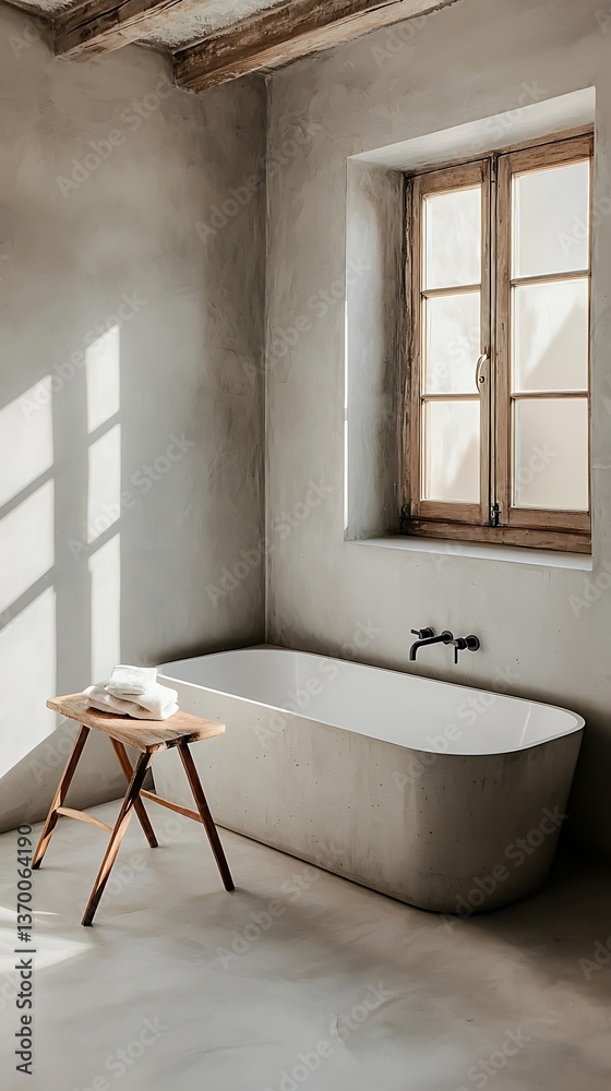 Fototapeta premium Sunlit rustic bathroom with concrete tub.