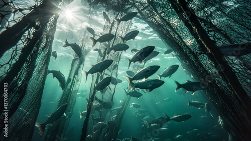 Underwater View of a British Salmon Farm – Synchronized Motion of Atlantic Salmon Swimming Beneath the Surface with Sunlight Filtering Through the Water