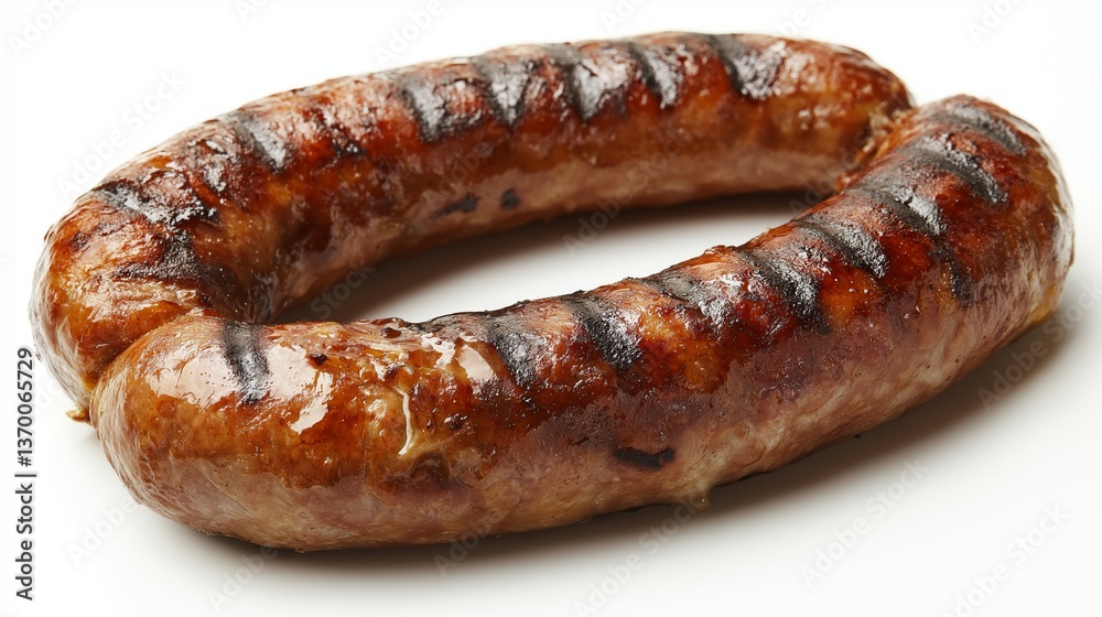 A single juicy grilled sausage with a deep brown isolated on a white background A single juicy grilled sausage with a deep brown isolated on a white background