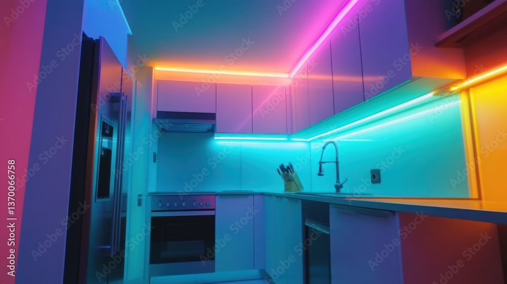 Obraz premium Modern kitchen with vibrant LED lighting