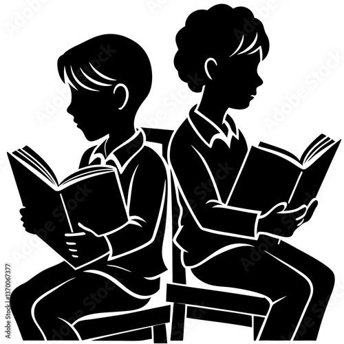 A silhouette of two students sitting at a desk, deeply focused while reading a book 