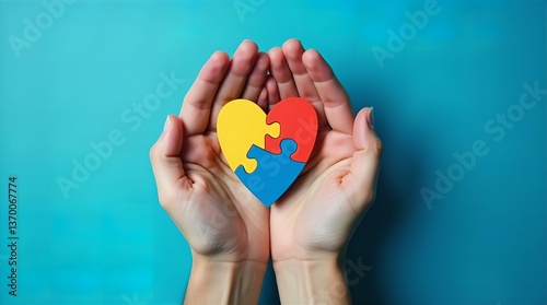 Wallpaper Mural Autism Awareness Puzzle Heart Yellow Blue Red in Hands Torontodigital.ca