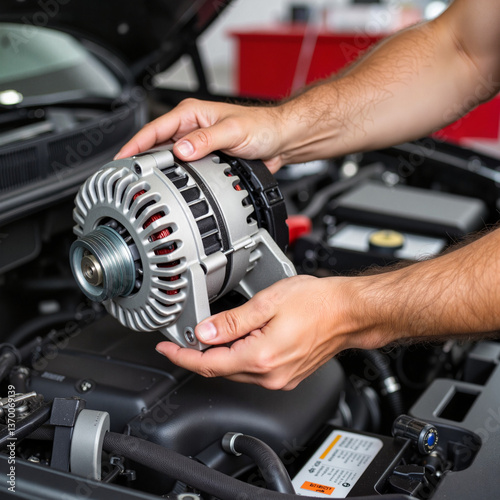 Technician replacing car alternator, precision and expertise