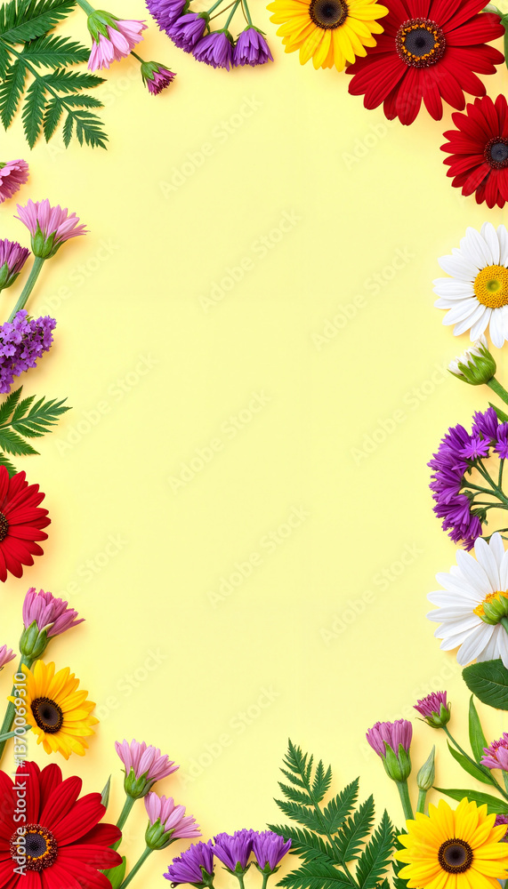 Fototapeta premium Colorful flower border on yellow background, vibrant gardening concept