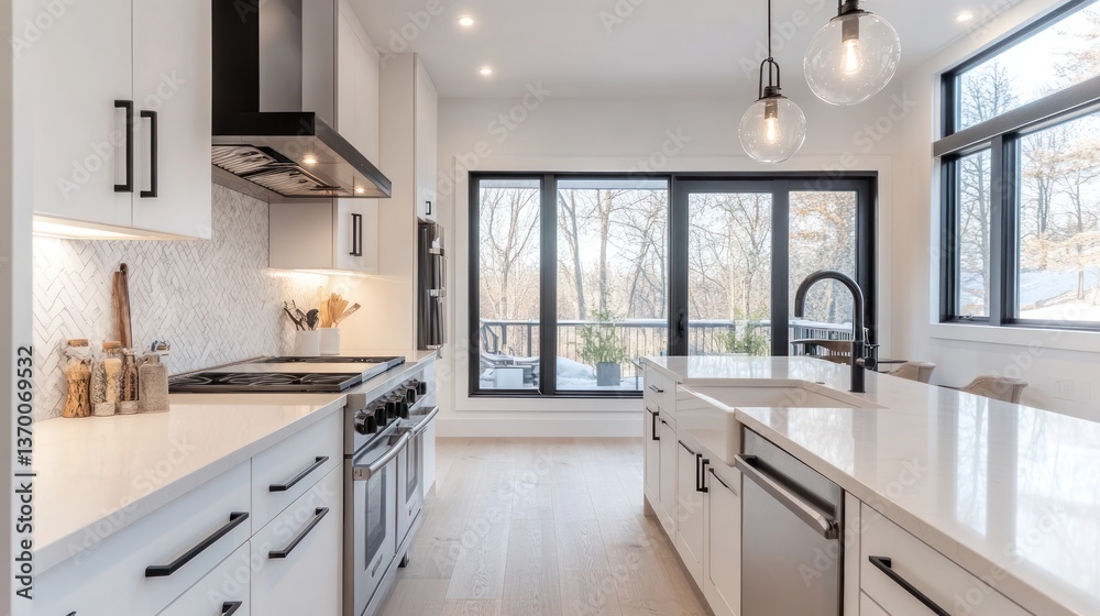 Modern white kitchen with large windows overlooking trees. Possible use interior design, home decor, real estate Modern white kitchen with large windows overlooking trees. Possible use interior design, home decor, real estate