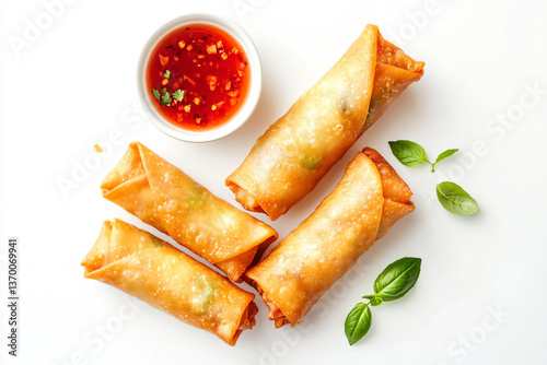 a plate of fried spring rolls with a bowl of sauce
