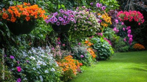 Wallpaper Mural A vibrant garden corner featuring multiple hanging flower baskets of varying sizes Torontodigital.ca