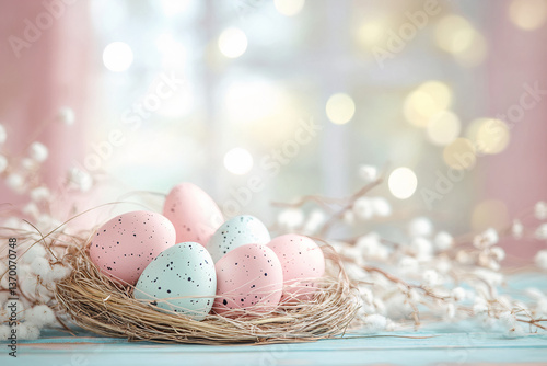 Colorful Easter eggs in the nest.