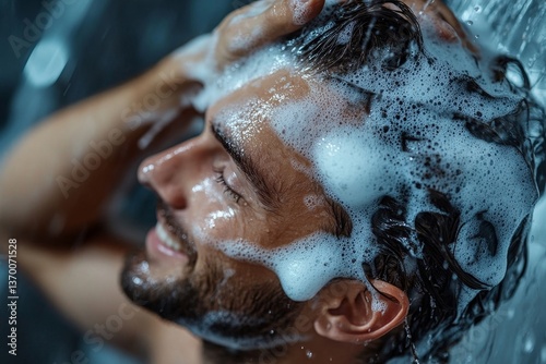 Man washing hair and body using male shampoo while taking shower with foam, standing under water in bathroom