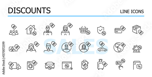 Shopping and retail. Payment discounts and loyalty cash back. Vector icons set