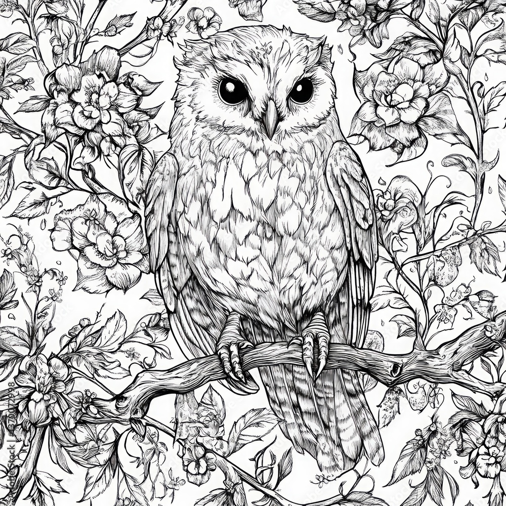 Fototapeta premium Intricate black and white line drawing of a wise owl perched on a tree branch surrounded by blooming flowers.