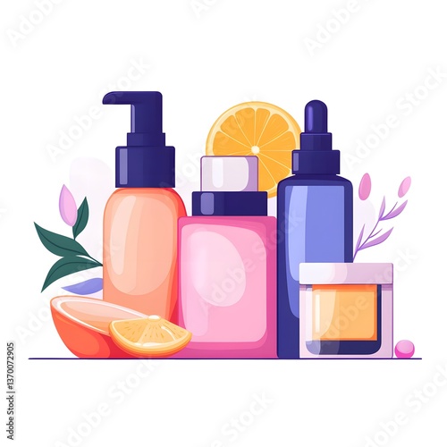 Skincare Product Collection Bottles and Jars of Cream Lotion and Serum with Citrus