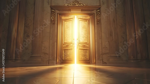 Majestic golden door slightly ajar in an ornate room, casting warm light on polished floor, inviting exploration