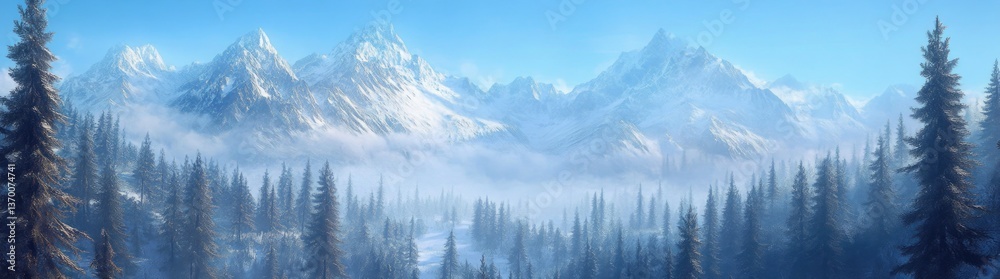 Snow-covered mountains and dense pine forest under clear blue sky during winter morning Snow-covered mountains and dense pine forest under clear blue sky during winter morning